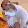 遊んでいる赤ちゃんに犬がしつこく『ペロペロ攻撃』した結果…予想以上に『癒やししかない光景』が13万再生「本当の姉妹みたい」「可愛すぎ」